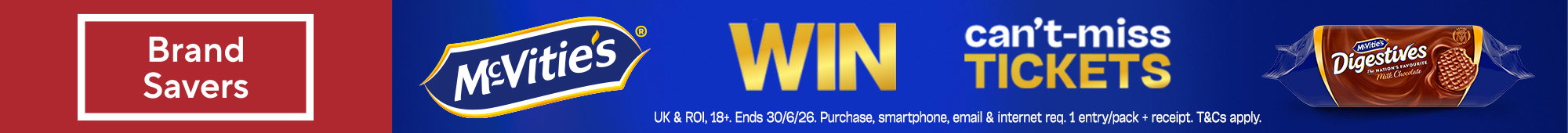 Ad: Promotional banner for McVitie's Digestives with a chance to win can't-miss tickets; purchase and entry details included.