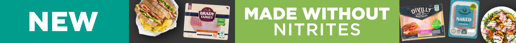 Ad: New nitrite-free deli meats and salads on display. The banner features packaging and vibrant colours, conveying freshness and healthiness.