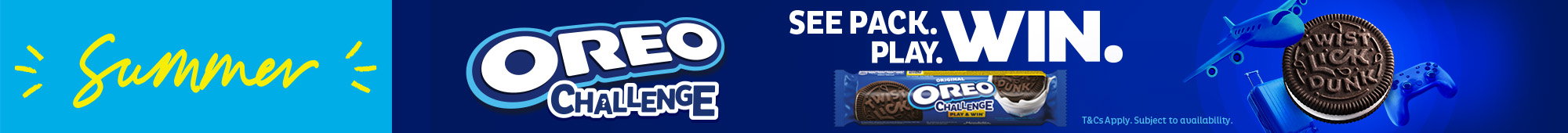 Ad: Blue banner with yellow "Summer" text, Oreo Challenge logo, Oreo pack, and "See pack. Play. Win." promotion with gaming prizes.
