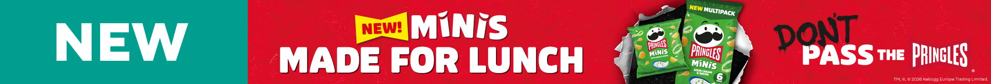 Ad: New Pringles Minis multipack, designed for lunch, featuring sour cream & onion flavour with "Don't Pass the Pringles" slogan.