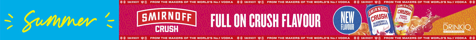 Ad: Bright summer-themed ad featuring Smirnoff Crush drinks with bold text "Full On Crush Flavour." Vibrant colors convey a refreshing and lively tone.