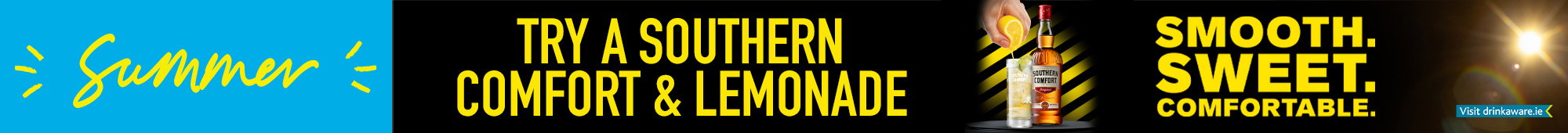 Ad: Bright ad banner with the word "Summer" in blue, and "Try a Southern Comfort & Lemonade" in bold yellow. Features a bottle with lemon slices, glowing sunburst.