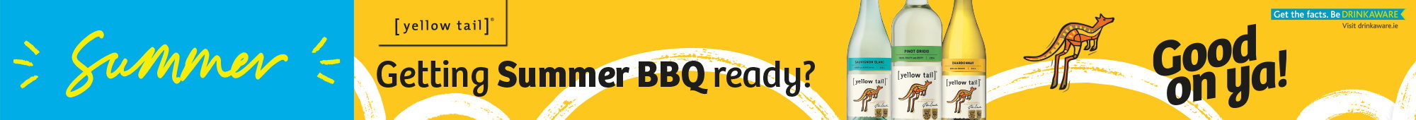 Ad: A vibrant banner with a blue and yellow background features the words "Summer" and "Getting Summer BBQ ready?” alongside bottles of wine and a kangaroo logo. The tone is cheerful and inviting.