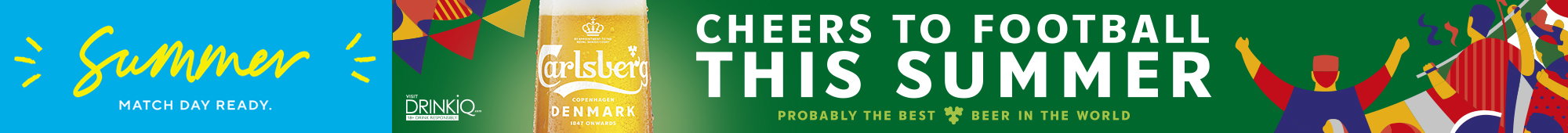 Ad: Carlsberg summer promotional banner with green background, pint of beer, football-themed graphics, and text reading Cheers to Football This Summer alongside DrinkIQ responsibility message and Carlsberg branding