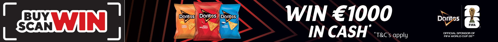 Ad: Doritos promotional banner with Buy Scan Win message, three Doritos snack packs, and text offering to win €1000 in cash, alongside FIFA World Cup sponsorship branding