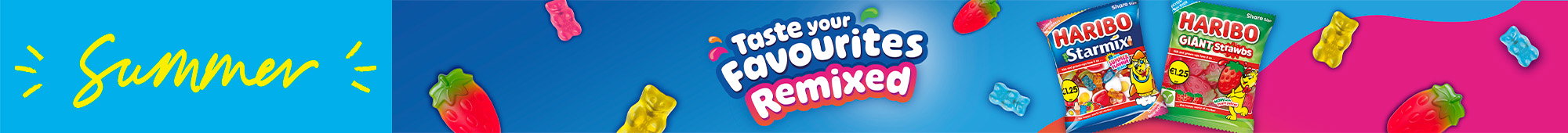 Ad: Haribo summer promotional banner with blue and pink background, colourful gummy sweets scattered throughout, Haribo Starmix and Giant Strawbs packs, and text reading Taste Your Favourites Remixed