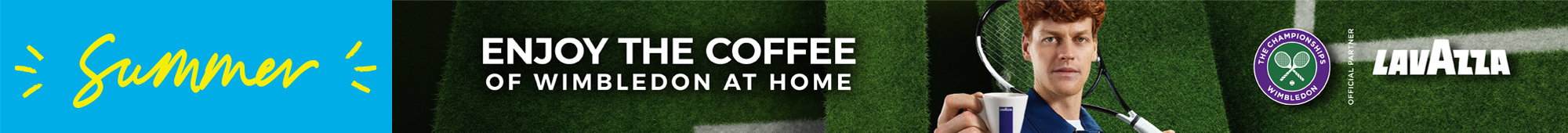 Ad: Lavazza summer promotional banner with tennis court background, a person holding a cup of coffee, Wimbledon branding, and text reading Enjoy the Coffee of Wimbledon at Home