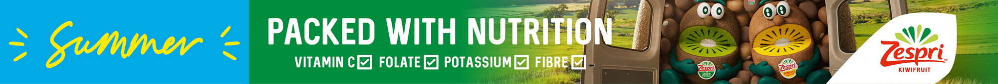 Ad: Zespri kiwifruit summer promotional banner with green background, cheerful kiwi character figures in a vehicle, countryside landscape, and bold text reading Packed with Nutrition with Vitamin C, Folate, Potassium and Fibre highlighted