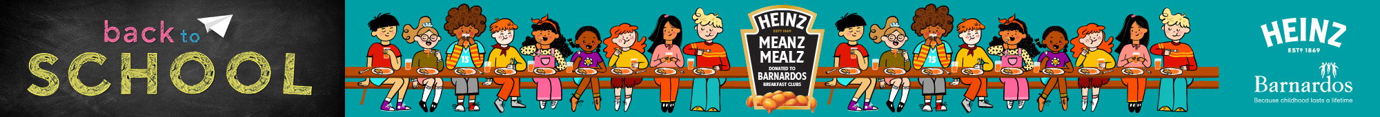 Ad: Back to School graphic with a paper aeroplane beside colourful text. Alongside is a Heinz Meanz Mealz and Barnardos campaign illustration showing children seated at a bench, with text promoting breakfast clubs.