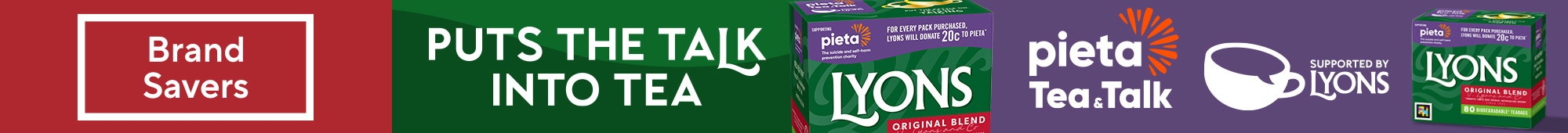 Ad: Brand Savers banner featuring Lyons Original Blend tea. The advert shows a box of Lyons tea bags alongside the slogan "Puts the talk into tea".