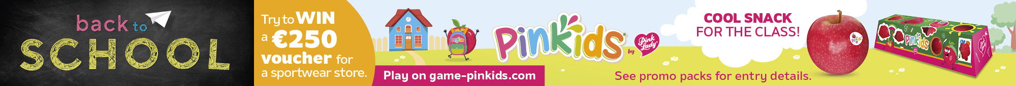 Ad: Back to School graphic with a paper aeroplane beside colourful text. Alongside, a Pink Kids by Pink Lady promotion featuring a snack multipack, an apple and text offering a chance to win a €250 voucher for a sportswear store.