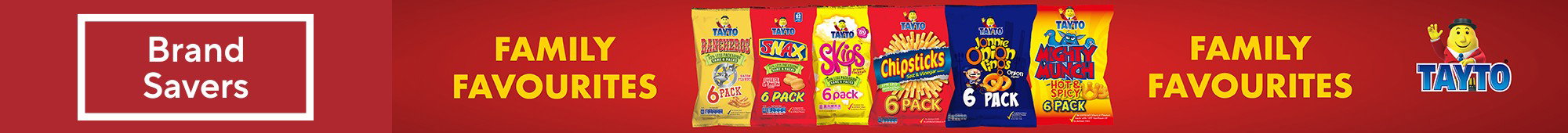 Ad: Brand Savers banner featuring Tayto multipack snacks. The advert shows a range of Tayto favourites including Hunky Dorys, Snax, Skips, Chipsticks, Johnny Onion Rings and Mighty Munch, with text stating "Family Favourites" and a €2.50 each offer.