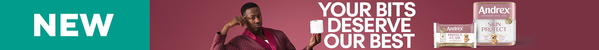 Ad: New Andrex puppy campaign banner with the message “Your bits deserve our best”.