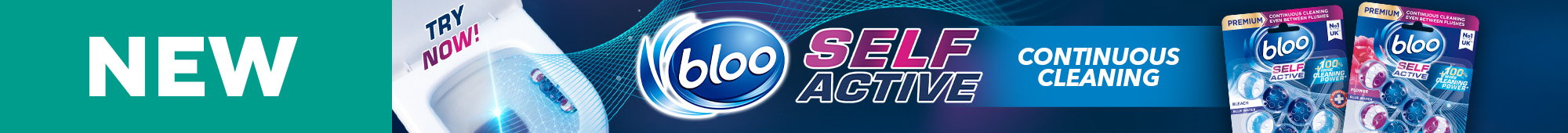 Ad: New Bloo Self Active continuous cleaning toilet rim block promotion, featuring bleach and power shades variants.