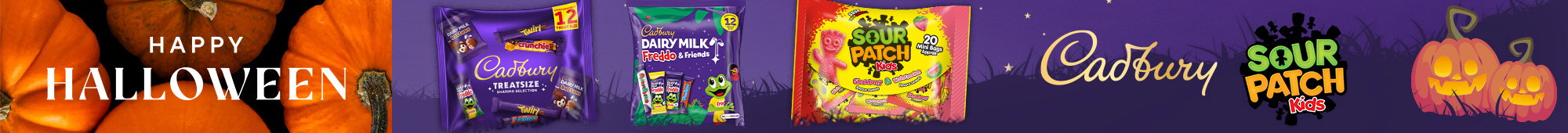 Ad: Happy Halloween confectionery promotion featuring Cadbury Treatsize Dairy Milk Freddo & Friends and Sour Patch Kids sharing packs with Halloween-themed graphics.