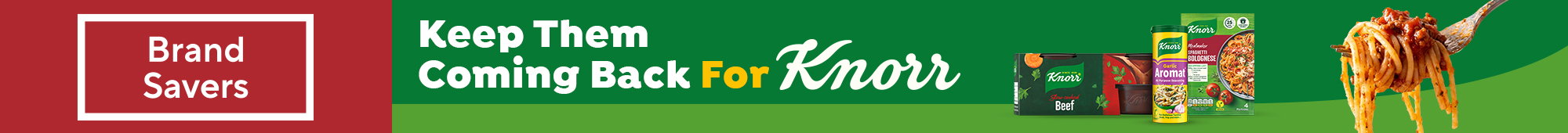 Ad: Brand Savers Knorr promotional banner featuring Knorr meal and stock products, with the message "Keep Them Coming Back For Knorr" and a forkful of spaghetti.