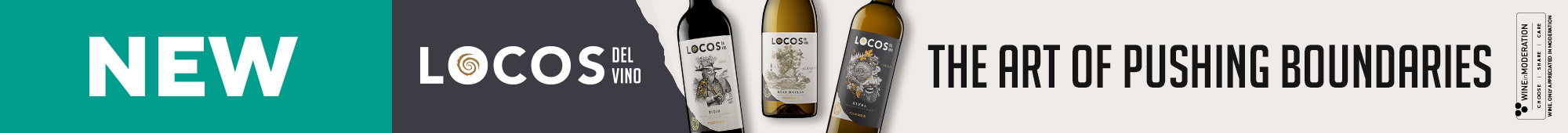 Ad: New Locos Del Vino promotional banner featuring wine bottles with the slogan "The Art of Pushing Boundaries".