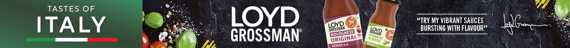 Ad: Loyd Grossman Tastes of Italy pasta sauce promotion featuring Bolognese Original and Tomato & Basil sauces.