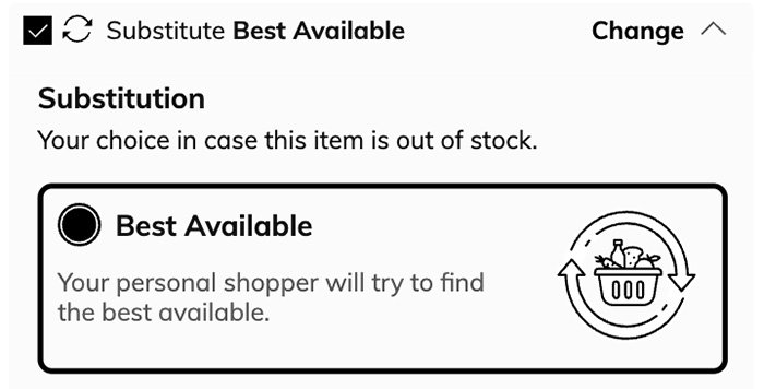 Online shopping substitution option, checkbox marked for 'Substitute Best Available.' Text indicates shopper finds best available item if out of stock.
