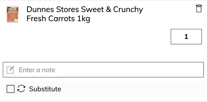 Online shopping cart entry for Dunnes Stores Sweet & Crunchy Fresh Carrots 1kg, with quantity set to 1 and options to add a note, substitute, or delete the item.