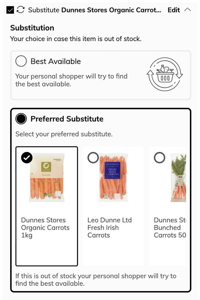 Substitution options for Dunnes Stores Organic Carrots are displayed. Preference is set to Dunnes Stores Organic Carrots 1kg, with other carrot options shown.